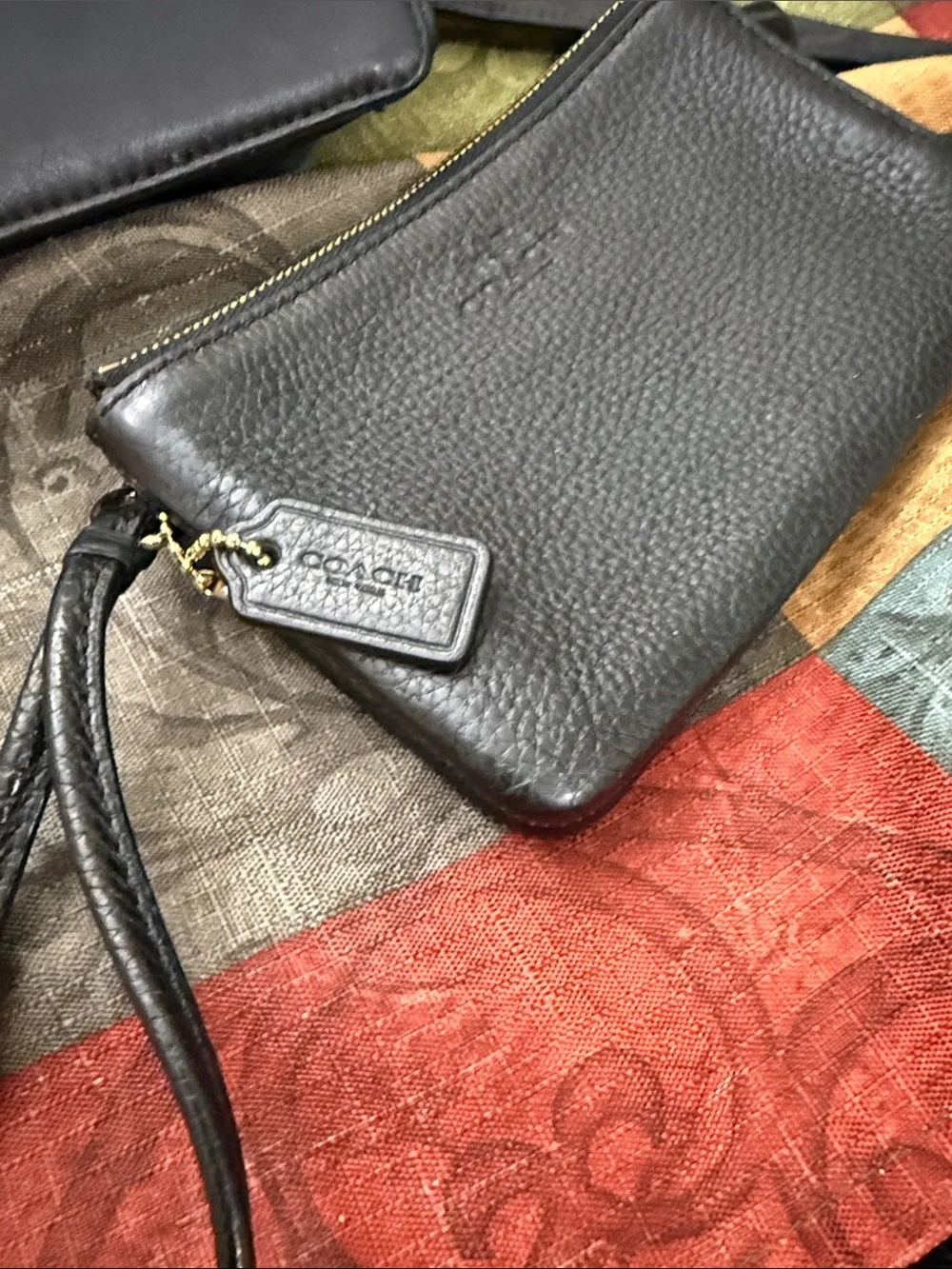 COACH Black Pebbled Leather Zip Wristlet with Tag